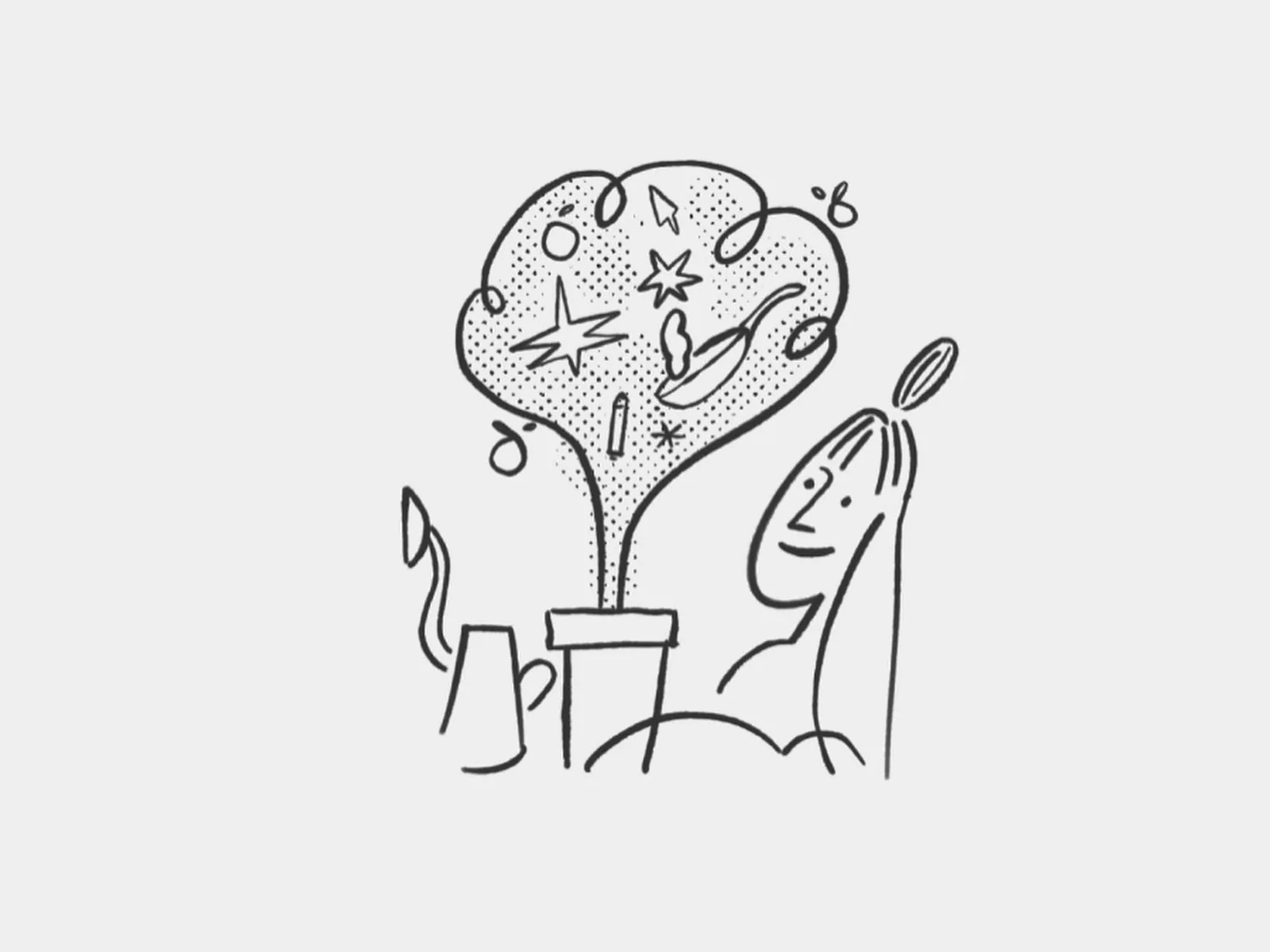 A single BBC Maestro spot illustration: a person at a desk with a mug, a large halftone thought-cloud above them full of stars, a cursor and small doodles.