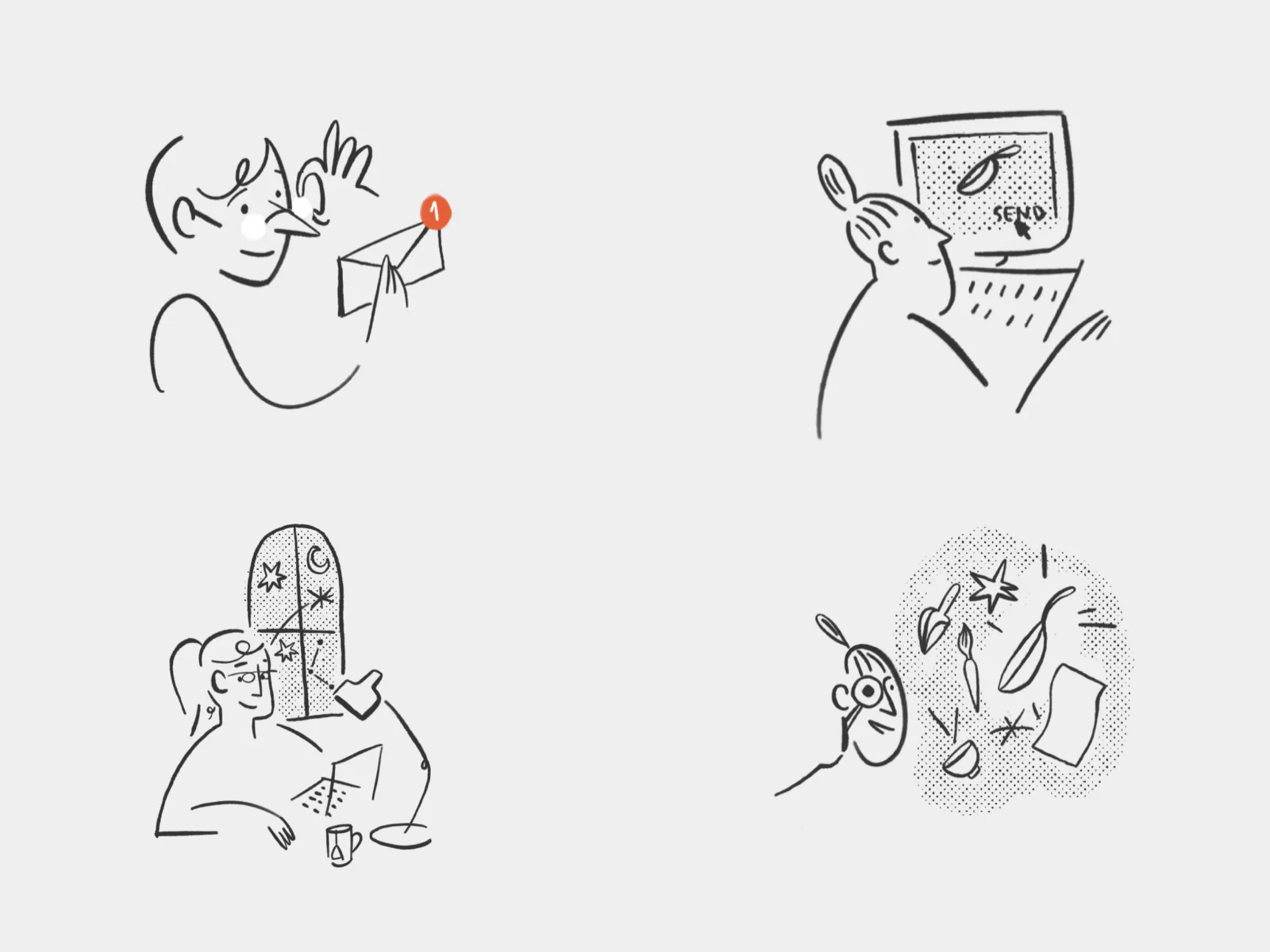 Four BBC Maestro spot illustrations in one line-drawn set: a person holding an envelope with a notification, someone at a computer clicking Send, a person daydreaming by a starry window, and a face beside a scatter of cutlery and sparkles.