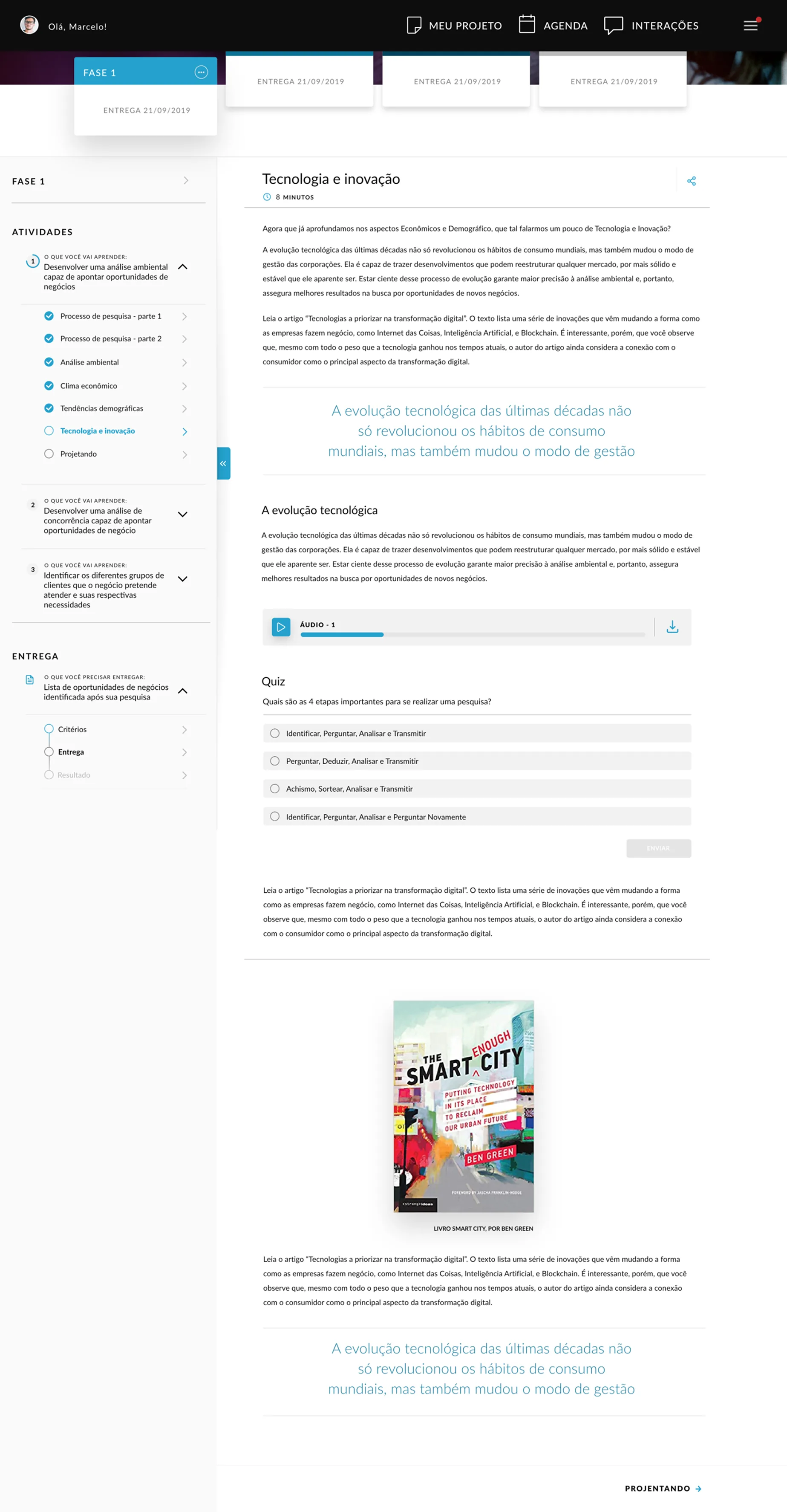 A Livre course page: a left rail of phased activities with completion checks, a lesson with an inline audio player, a multiple-choice quiz, and a deliverables track.
