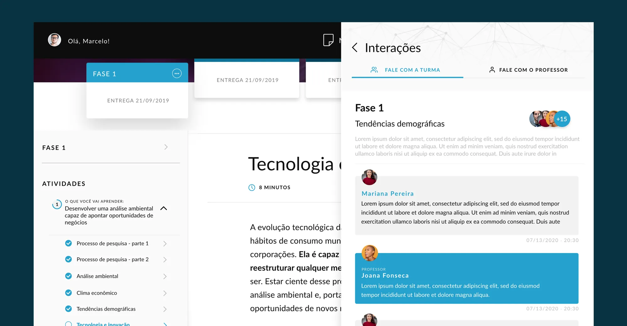 A Liga course page with the Interações panel open on the right — a threaded conversation with the class and the professor sitting beside the activities and lesson content.