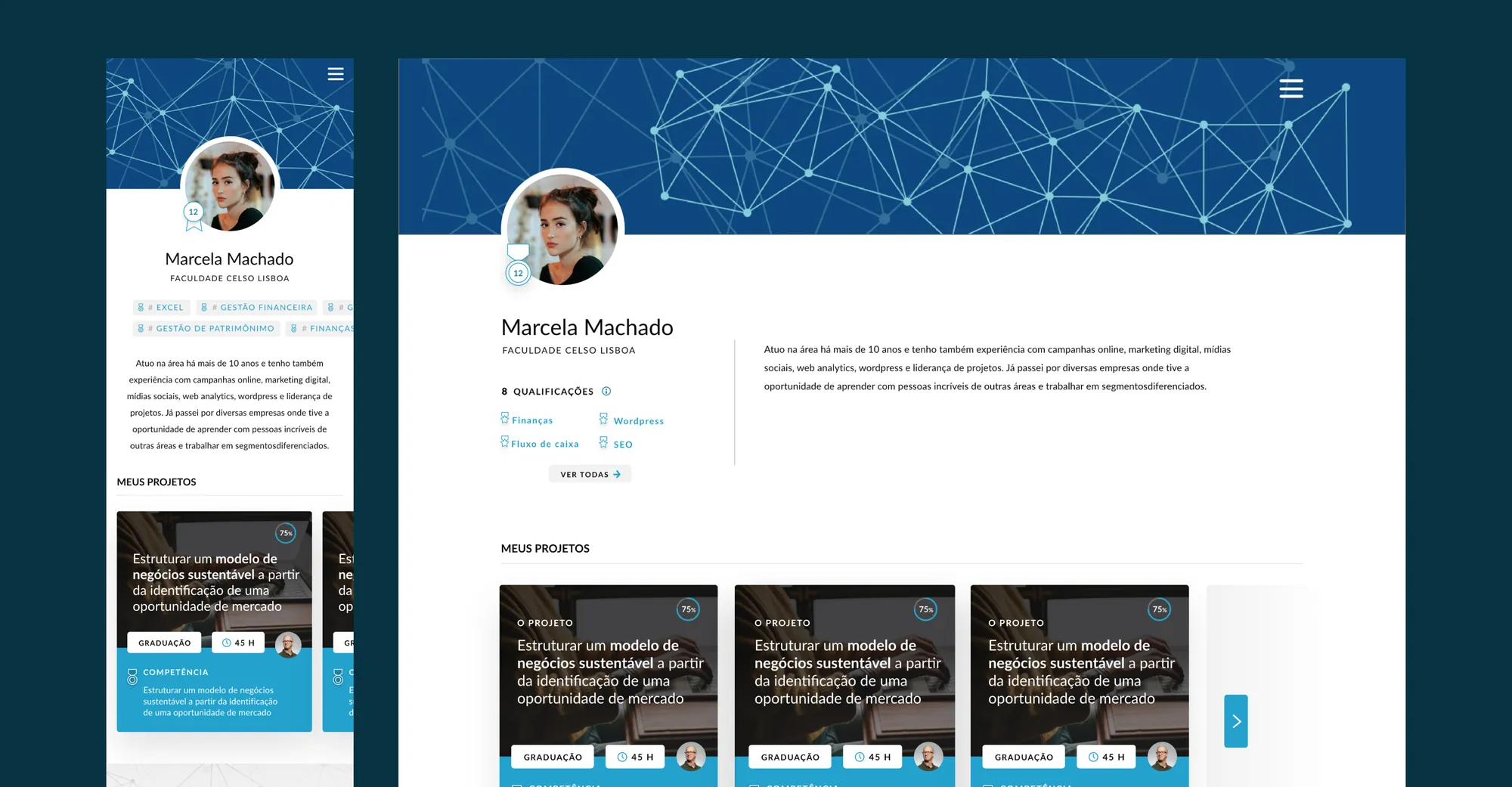 A Liga student profile: the learner's name and qualifications on the left, a grid of their projects below, over a subtle network-graph background.