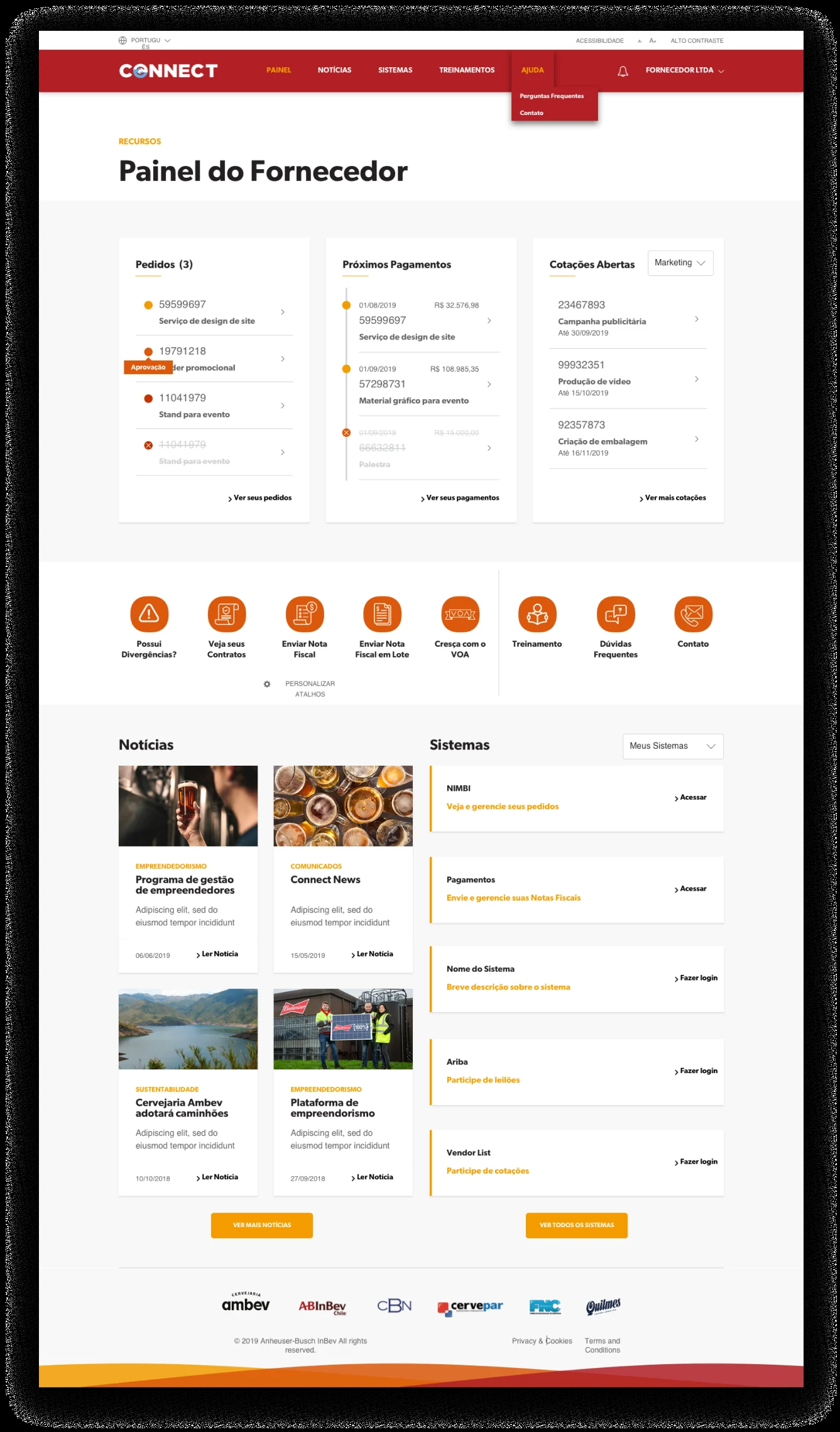 The redesigned Connect supplier dashboard, Painel do Fornecedor, with modular cards for orders, payments and quotes.