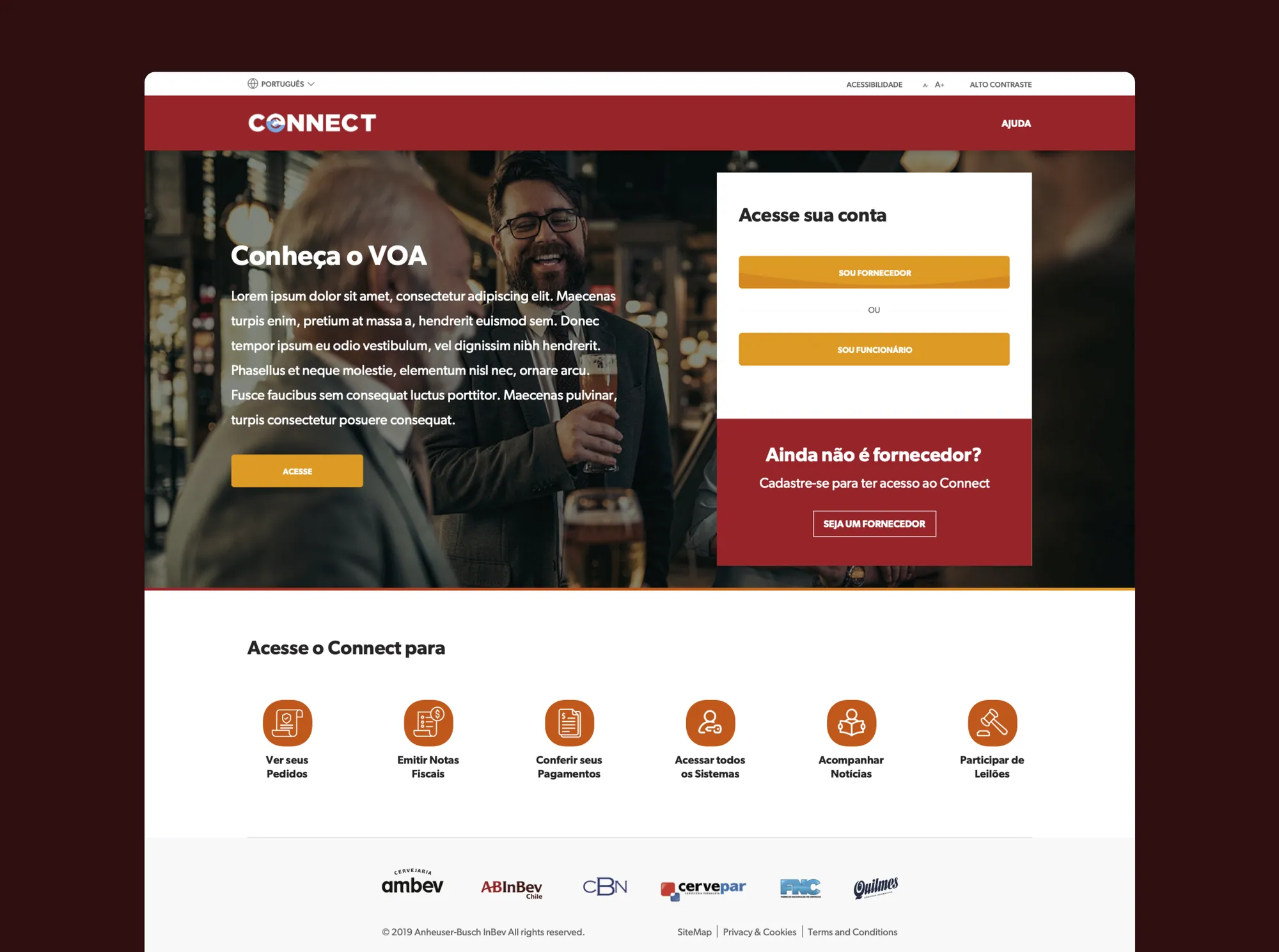 The redesigned Connect landing and login — 'Conheça o VOA', an 'Acesse sua conta' panel, and a row of clear entry points for suppliers and staff.