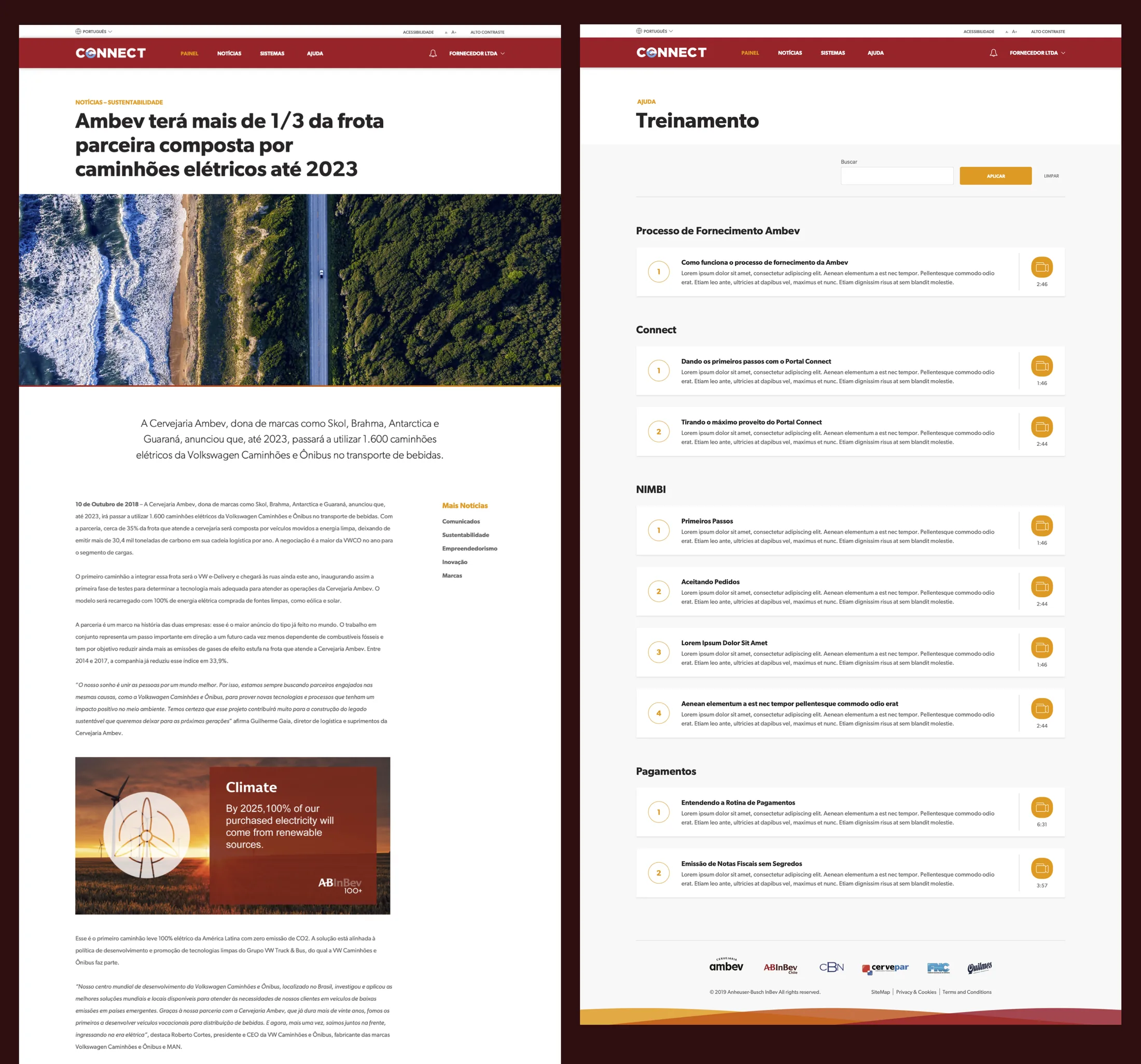 Two Connect pages side by side: a news article about Ambev's electric-truck fleet with a 'Climate' callout, and the Treinamento page — a sectioned index of onboarding materials.