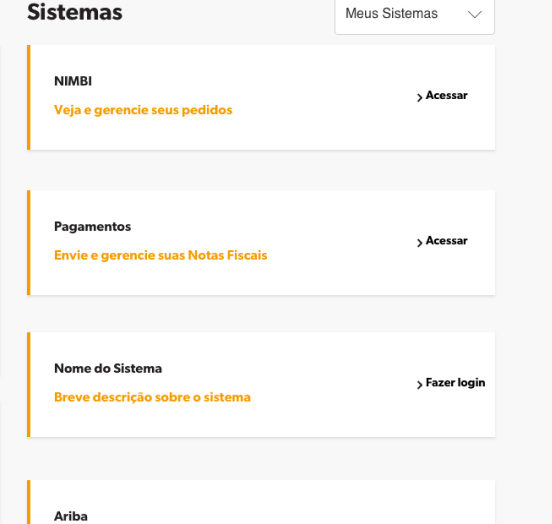 The Sistemas panel listing integrated systems; each row shows its own state — Acessar for connected systems, Fazer login for separate ones.