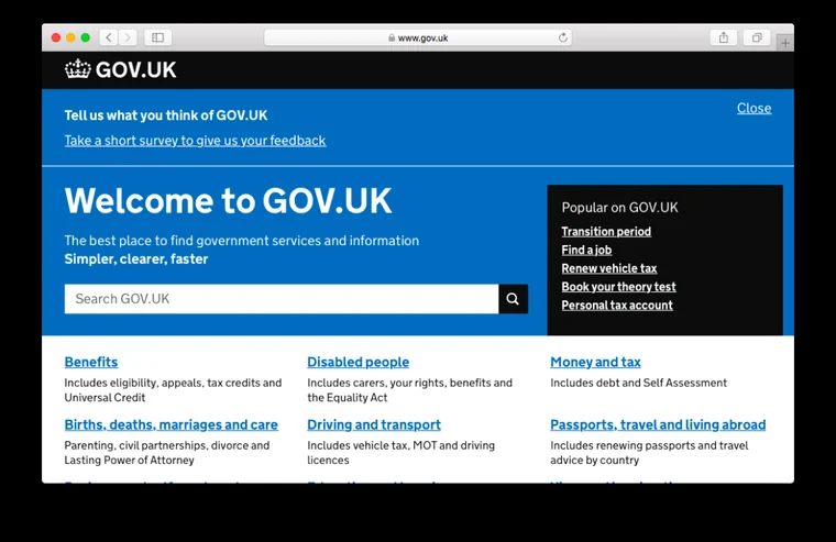 The gov.uk homepage, used as a reference for plain, legible, high-contrast public-service design.