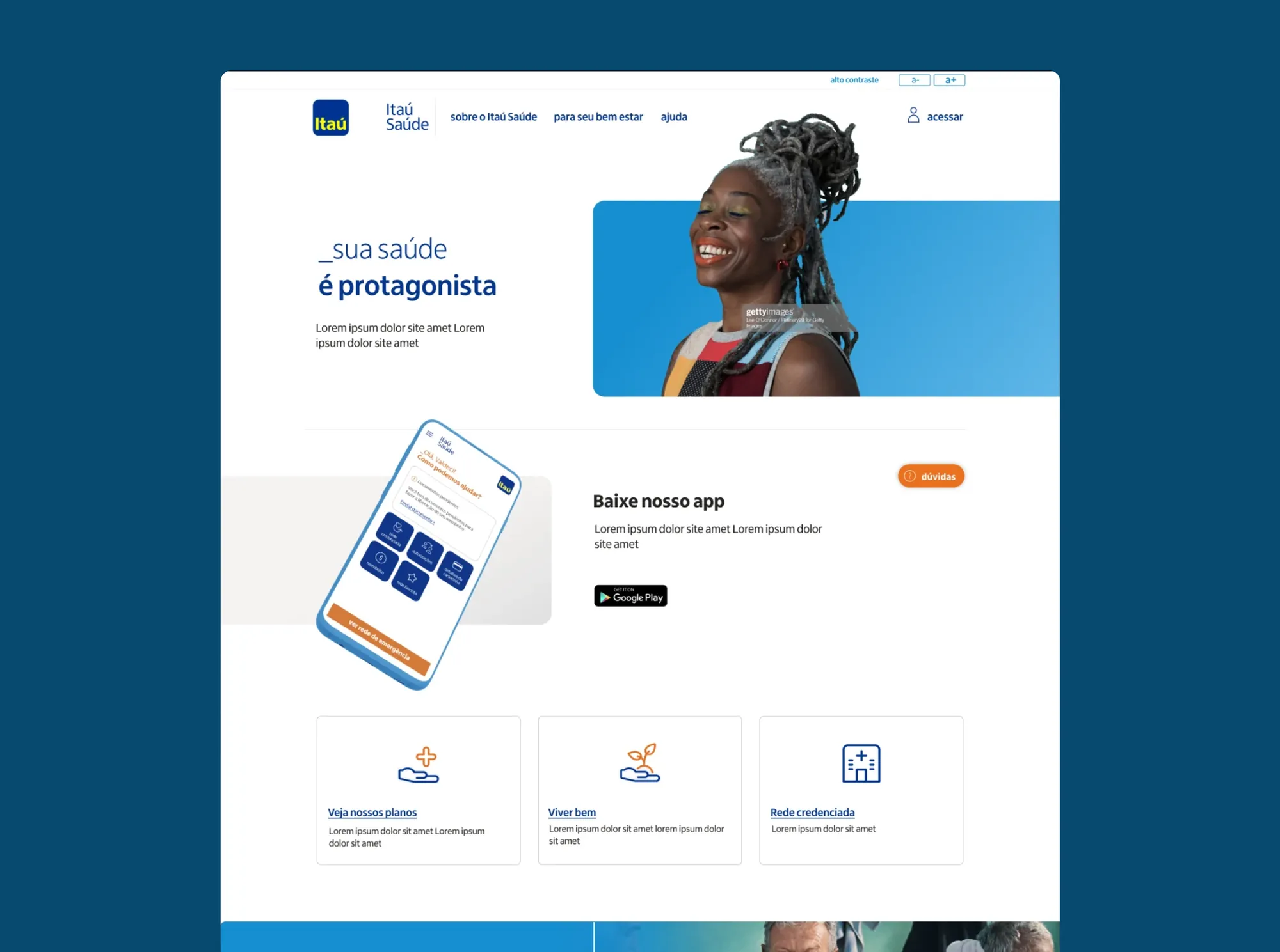 A marketing variant of the Itaú Saúde home — '_sua saúde é protagonista' — with big type, a single clear call to action and the app shown front-and-centre.