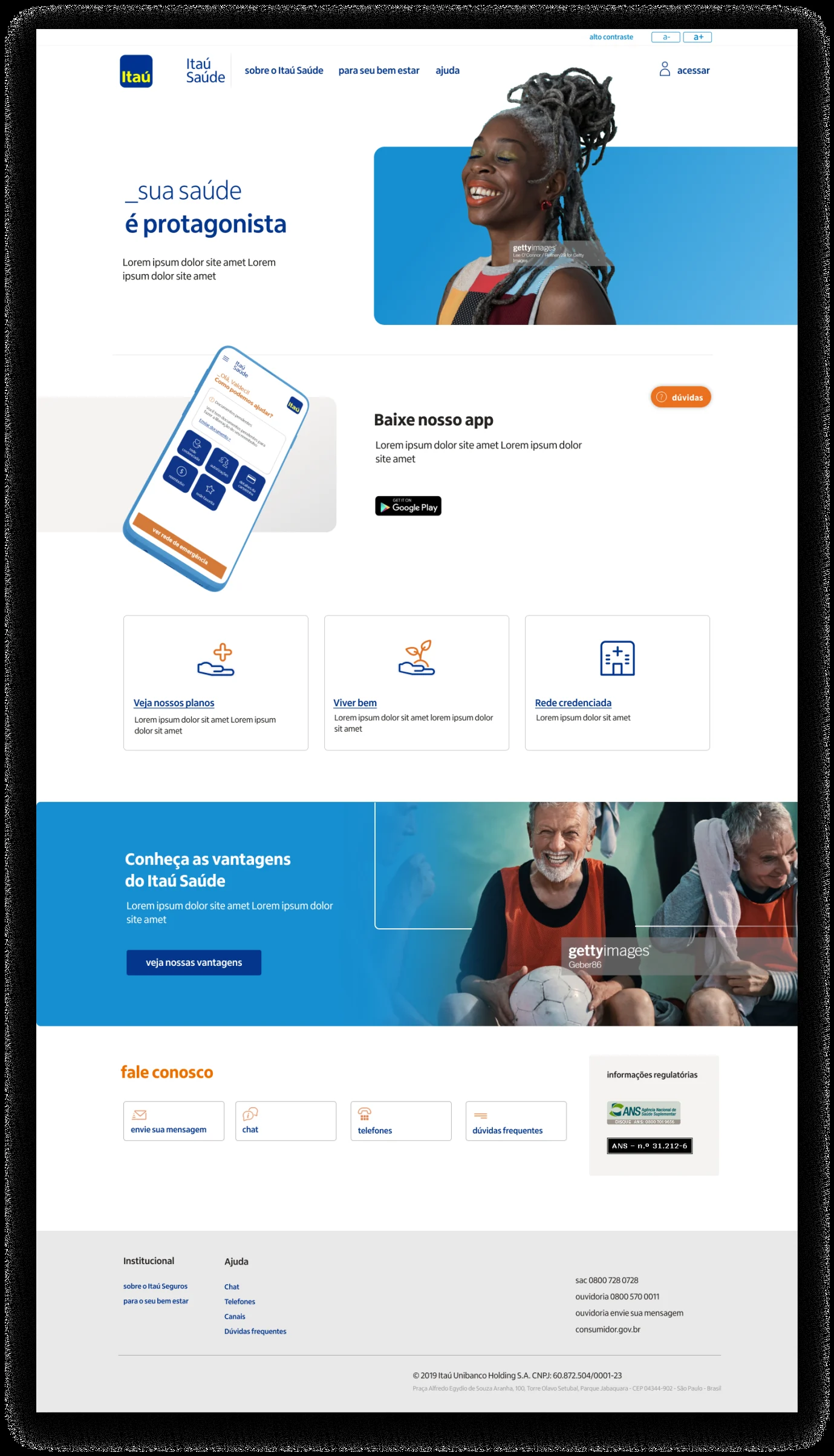 The redesigned Itaú Saúde homepage at full size, with large high-contrast type and blue underlined links.