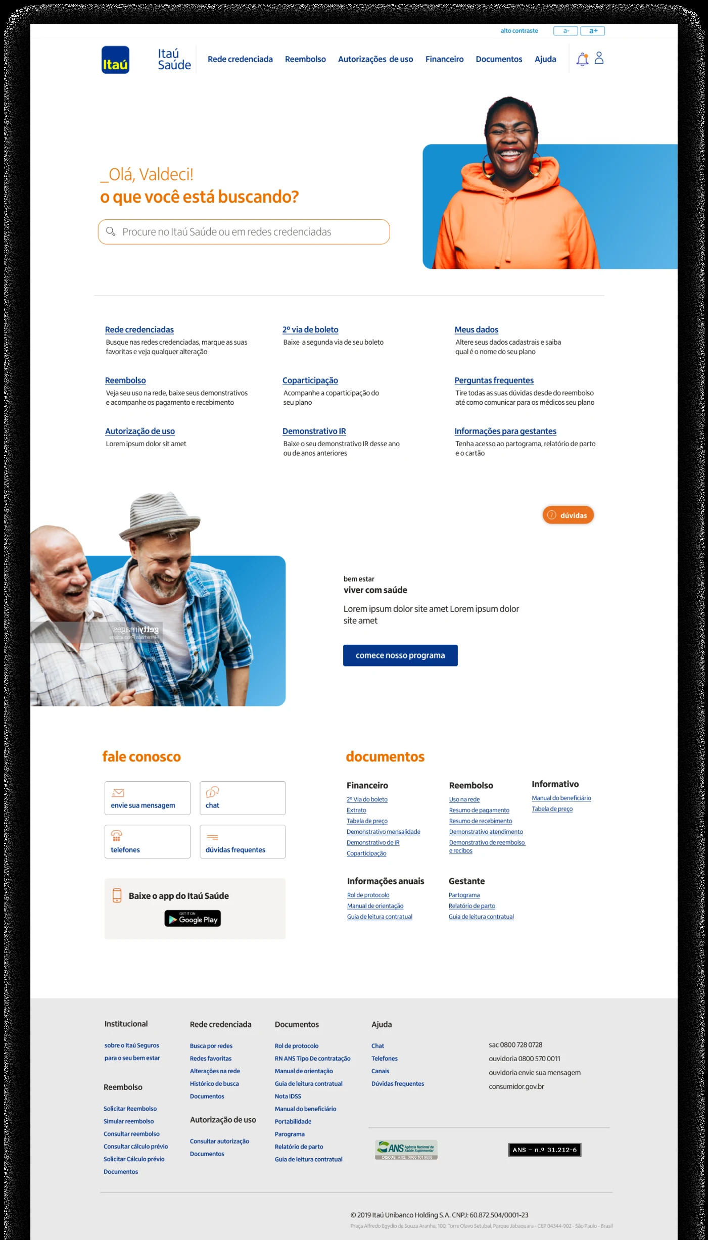 The full redesigned section page: quick links, a categorised document index, search and menu all reaching the same destinations.
