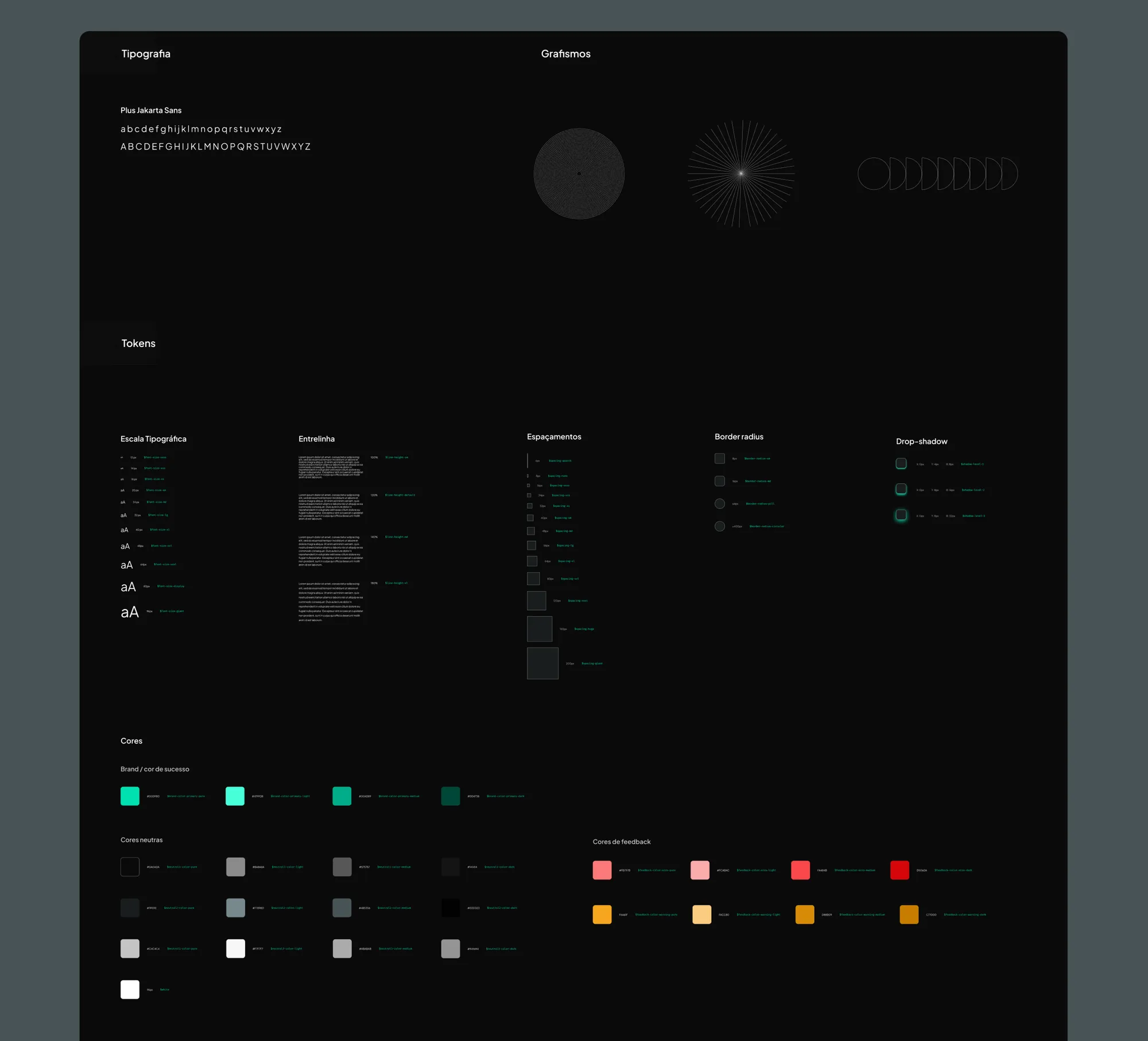The Nurent visual system on one dark sheet: typography scale, graphic marks, tokens for type, states, spacing, border radius and drop shadow, and the colour palette.
