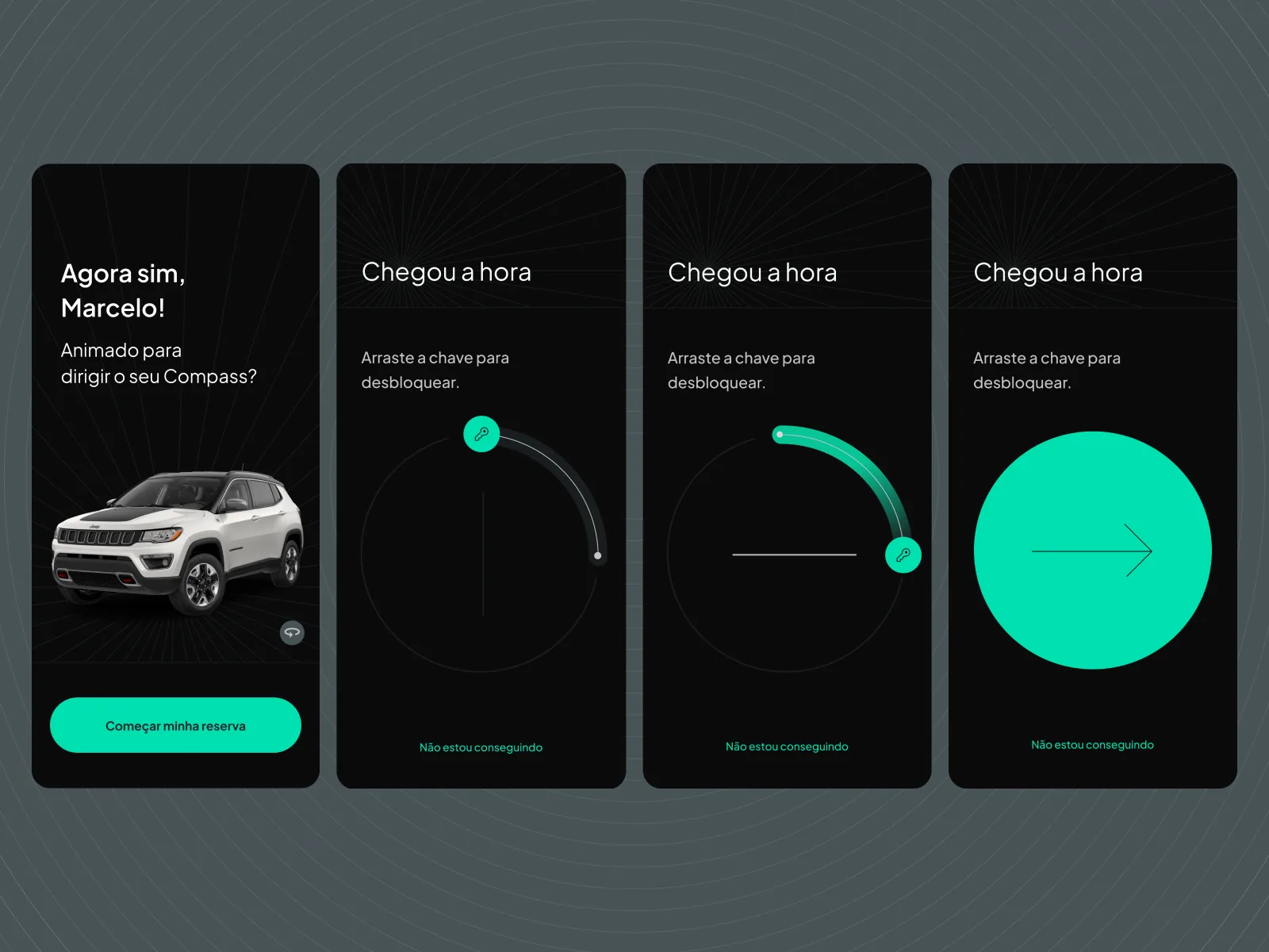 Four Nurent screens: a 'ready to drive' screen with the white Jeep Compass, then a three-step radial 'drag the key to unlock' interaction that fills with green and resolves into an arrow.