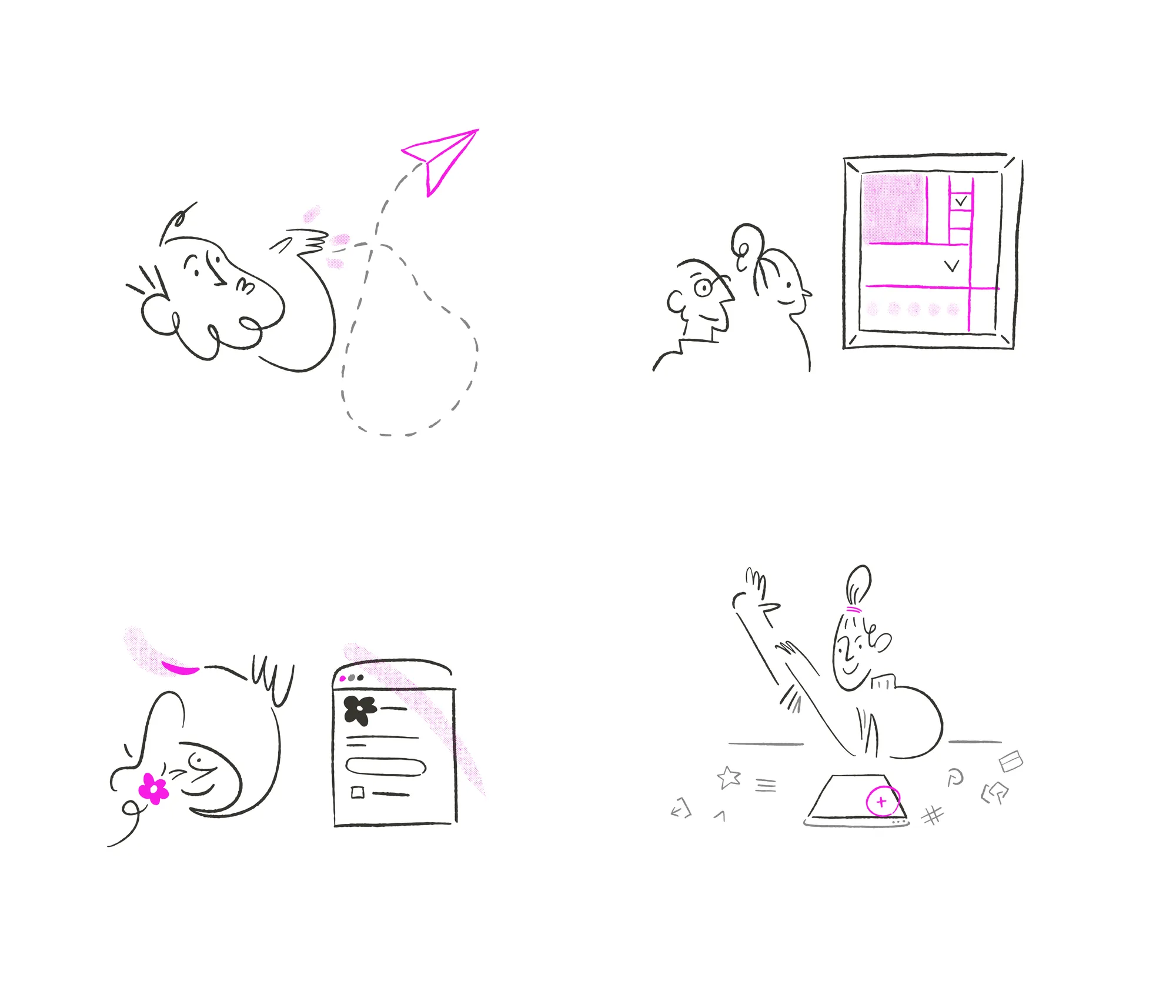 A set of Tally launch illustrations: loose hand-drawn vignettes — a paper plane, characters looking at a form, a celebration — each giving a new feature its own face.