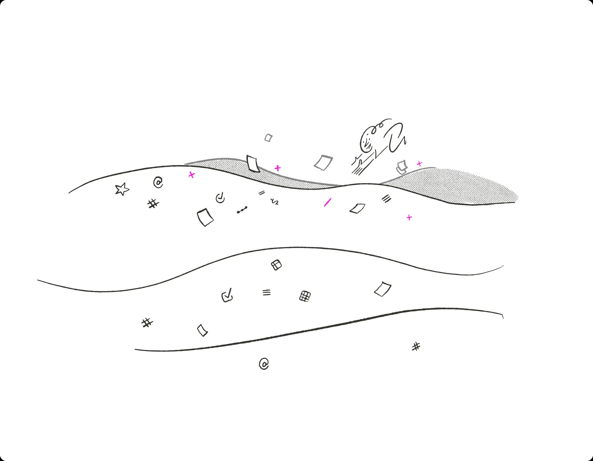 A Tally illustration in motion: an abstract sketched landscape of rolling lines with scattered icons and pink accents, the kind of frame used in commercials and merch.